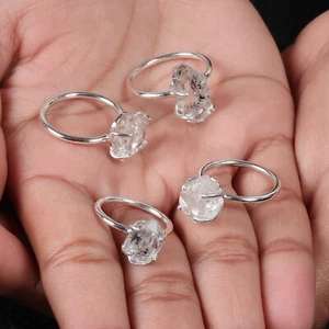 Genuine & Natural Herkimer Diamond Rough Raw Gemstone 925 Sterling Silver Ring - Picture 1 of 7