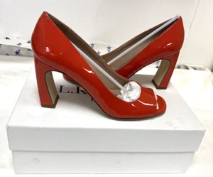 NEW! LK Bennett UK4 bright orange patent leather Harper peep toe court shoes - Picture 1 of 12