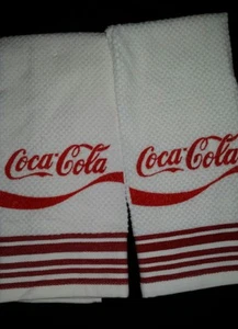 COCA COLA LOGO SODA COKE EMBROIDERED KITCHEN TOWEL SET 2 - WHITE MAROON STRIPE - Picture 1 of 2