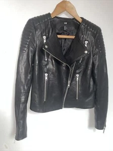 H&M Biker style leather jacket genuine, thick real leather BLACK size eur 34 - Picture 1 of 9