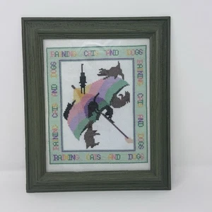 Vintage Handmade Cross Stitch Raining Cats and Dogs Framed 1995 12.5”x11” Green - Picture 1 of 6