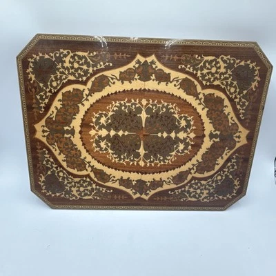 Vintage Inlaid Brown Wooden Lacquer Table Top Intricate Design - Image 1 of 4