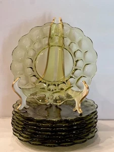 1950s Provencial Plate set of 8 Green Avocado Glass Thumbprint 8 Inch Diam Salad - Picture 1 of 12