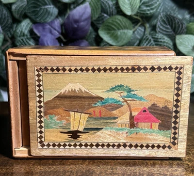 日本镶嵌木质拼图盒 Mt. 富士场景花卉镶嵌日本复古 — 第 1/4 张图片