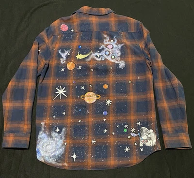 Camisa Vans Fuera de la Pared PINTADA A MANO Franela Para Hombres M Azul Oscuro Naranja Cuadros Foto 1 de 4