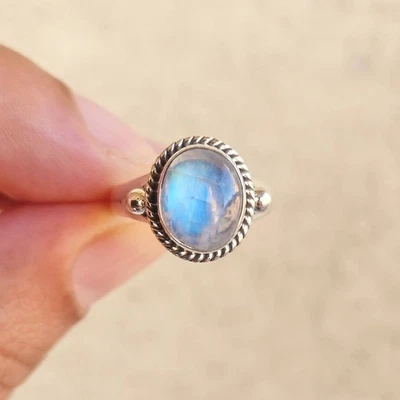 Natural Rainbow Moonstone Ring 925 Sterling Silver | Boho Raw Statement Jewelry - Image 1 of 4