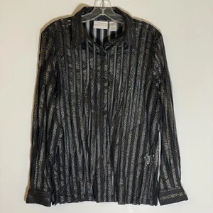 Top Alfred Dunner para mujer 12 negro estampado animal malla transparente rayas botón texturizado - Imagen 1 de 16