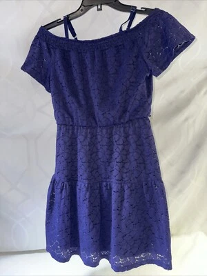Moon & Stars sz Girls XL (16) blue Heavy floral lace  short slv  dress Navy - Image 1 of 4