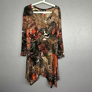 Jostar Tunic Top Women’s Size Medium Slinky Stretchy Travel Floral Brown Orange - Picture 1 of 5