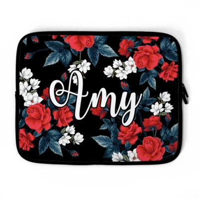 Personalised Red Roses Pattern Laptop Sleeve, name laptop case, device sleeve - Image 1 of 4