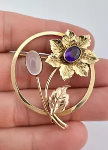 Antique 14k Yellow Gold Moonstone & Amethyst Floral Round Pin Brooch 7.5g - Picture 1 of 5
