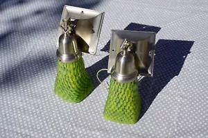 Vintage Nickel Wall Pendant Fixture with Green Glass Shade by Rejuvenation, a pa - Picture 1 of 4