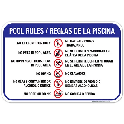 Letrero de reglas de piscina bilingüe, español inglés, Foto 1 de 4