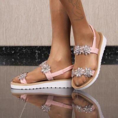 Flache Damen Sandalen mit Strasssteinen Rosa #JBX-1 - Bild 1 von 4