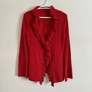 Magaschoni Cashmere Cardigan Sweater Ruffles Solid Red Valentines Classy Size M - Picture 1 of 10