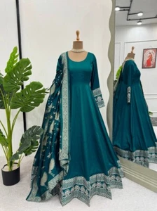 NEW LAUNCH PURE SATIN SILK GOWN WITH DESIGNER DUPATTA FOR WEDDING WEAR - Picture 1 of 12