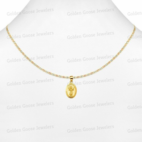 Ciondolo Ciondolo Ciondolo Vero Oro Giallo 14KT Unisex Gesù Bambino Valentino Catena Gratuita