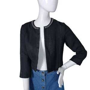 Karl Lagerfeld Paris Open Front Blazer Size Small Black Tweed 3/4 Sleeve - Picture 1 of 10