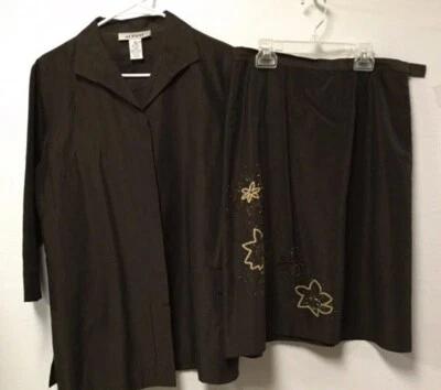 Traje Falda Mujer Alfani Talla 10 Marrón Túnica Seda Lino Mangas 3/4 86 Foto 1 de 4