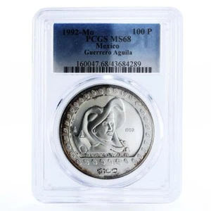 Mexico 100 pesos Guerrero Aguila Eagle Warrior MS68 PCGS silver coin 1992 - Picture 1 of 2