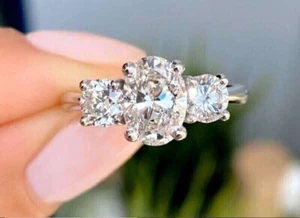 3 Ct Oval Simulated Diamond Three Stone Engagement Ring In 14K White Gold Plated - Picture 1 of 6