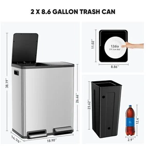 2x8 Gallon 60 Liter Lid Trash Can Large Stainless Waste Bin Compartment Plastic - Picture 1 of 13