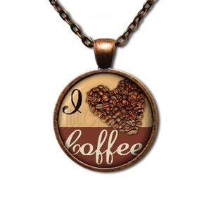 I Love Coffee Heart With Beans - Handmade Glass Pendant Necklaces - Picture 1 of 10