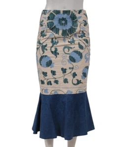 All Things Mochi Wome nFloral Embroidered Midi Skirt Siz Medium Beige Blue Denim - Picture 1 of 19