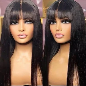 Brazilian Human Hair Straight Lace Front Wig With Bangs Fringe Human Hair Wigs - Picture 1 of 8