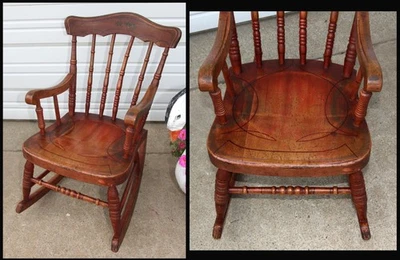 Antique Civil War Childs Boston Rocker Original Red Stain Partial Floral Stencil - Image 1 of 4