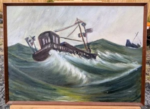 Eye-catching, Bright & Colourful Oil on Board Trawler Ships Sea Original Artwork - Picture 1 of 11