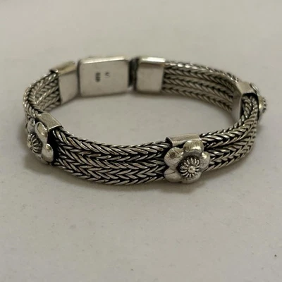 Vintage 925 Sterling Silver Chunky Wide Flat Chain Flower Statement Bracelet - Image 1 of 4