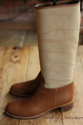 Prada Tan Leather Beige Canvas Boots Shoes Ladies UK 7 US 10 EU 40 - Image 1 of 4
