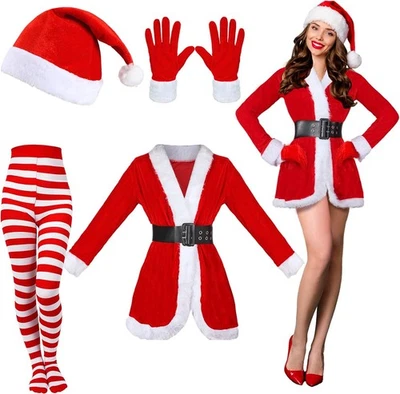 Funtery 5 Pcs Santa Claus Costume Women Christmas Suit Including Velvet Dress wi - Image 1 of 4