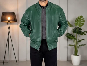 Men’s Green Lambskin Leather Biker Jacket Handmade Designer Motorcycle Coat - Picture 1 of 6