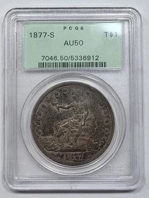 Dólar de plata 1877 S Trade $1 graduación profesional AU50 OGH soporte antiguo bonito original *M97 Foto 1 de 4