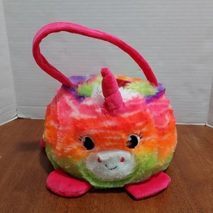 Einhorn Süßigkeiten Eimer Halloween Osterkorb rosa mehrfarbig Plüsch mit Etikett 10×8×6 - Bild 1 von 7