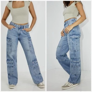 Pantalones de mezclilla Garage Cargo pierna ancha tiro alto rectos utilitarios bolsillos con solapa talla 25 - Imagen 1 de 6