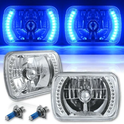 7X6 Blue LED Halo Halogen Crystal Clear Headlights Angel Eye Light H4 Bulbs Pair - Image 1 of 4