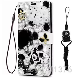 Black Flower Bow Bling Diamond Luxury Stand Leather Flip Wallet Women Phone Case - Picture 1 of 9