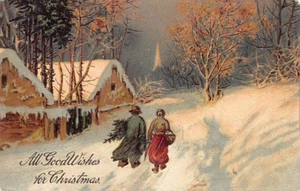 Postal vintage: todos los buenos deseos para Navidad, traer a casa el árbol, años 1910 - Imagen 1 de 2