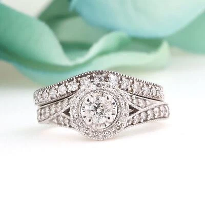 Round Diamond Halo Wedding Ring Set 14K White Gold 0.75 TW Ladies Size 5.5 - Image 1 of 4