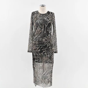 ALLSAINTS Nora Waima Dress Size 6 Slim Fit Ruched Midi Black Snake Motif Print - Picture 1 of 13