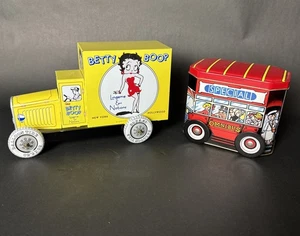 Tin Car Lot Betty Boop Lingerie Truck & London Omnibus Candy Container. 1990's - Picture 1 of 7