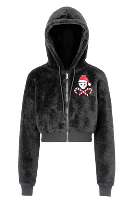 Sudadera con capucha para mujer No Boundaries Navidad piel sintética pequeña negra lentejuelas Foto 1 de 4