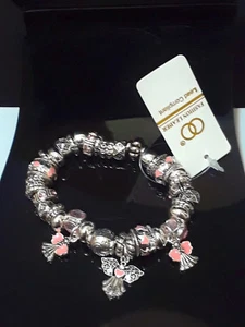 Silver Pink Angel Charm Bead Beaded Bangle Stretch Fashion Metal Bracelet - Picture 1 of 3