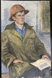 Vintage Portrait Painting Worker in Hard Hat Oil Artwork Artist A.S. Karyakin - Picture 1 of 2