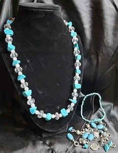 Chunky Natural Blue Turquoise Gemstone Beaded Necklace w/Asst. Charms Seed Beads - Picture 1 of 7