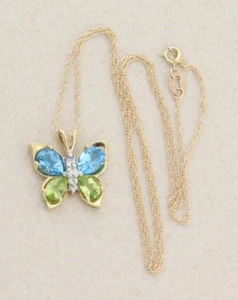 10K Yellow Gold Natural Blue Topaz, Peridot, Diamond Butterfly Necklace 18" inch - Picture 1 of 8