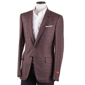 NWT $3995 ISAIA Raspberry-Brown Check Cashmere-Silk Sport Coat 36 R Aquacashmere